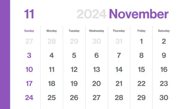 Vector illustration of November 2024 - Monthly Calendar. Minimalism Style Landscape Horizontal Calendar for 2024 year. Vector Template. The Week Starts on Sunday