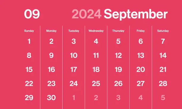 Vector illustration of September 2024 - Monthly Calendar. Minimalism Style Landscape Horizontal Calendar for 2024 year. Vector Template. The Week Starts on Sunday