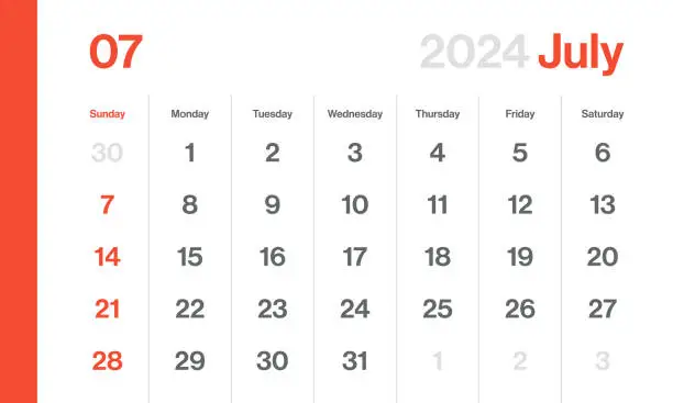 Vector illustration of July 2024 - Monthly Calendar. Minimalism Style Landscape Horizontal Calendar for 2024 year. Vector Template. The Week Starts on Sunday