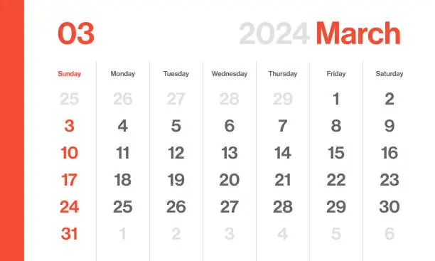 Vector illustration of March 2024 - Monthly Calendar. Minimalism Style Landscape Horizontal Calendar for 2024 year. Vector Template. The Week Starts on Sunday