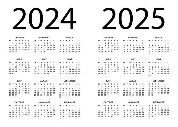 Vector illustration of Calendar 2024, 2025 - vector illustration. Week starts on Monday