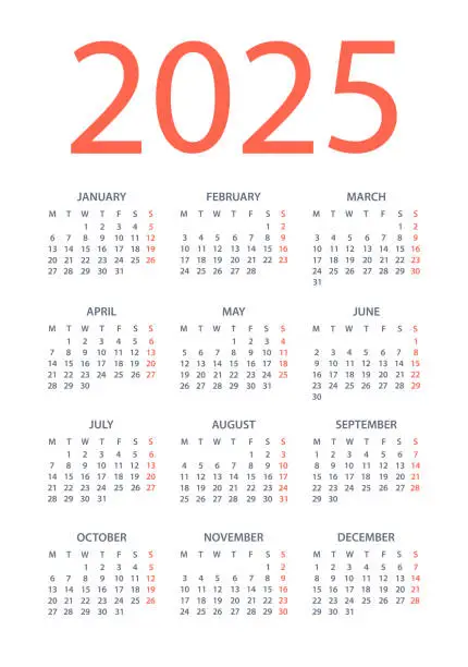 Vector illustration of Calendar 2025 - vector illustration. Week starts on Monday