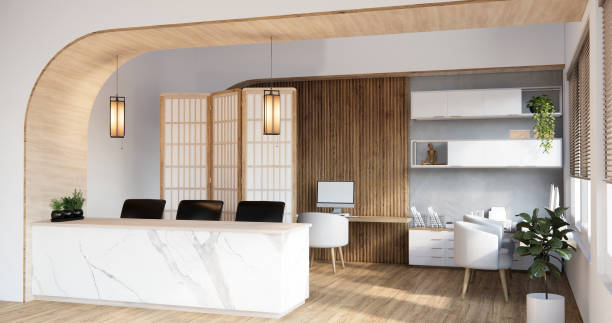 istock Mock up scene Reception Desk standing in office. 1610131246