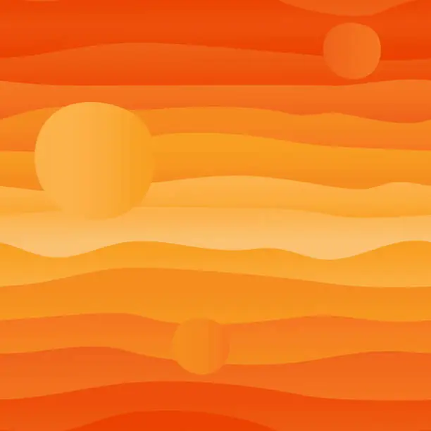 Vector illustration of Wavy stripes and volumetric circles seamless pattern with orange to yellow gradient. Vector illustration.