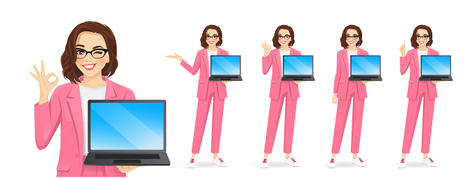 Casual beautiful business woman showing blank screen laptop computer standing different posing isolated vector illustration