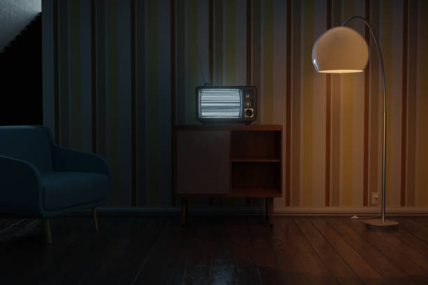 istock 3D rendering of a retro living room with an old television with bright static screen 1610160675