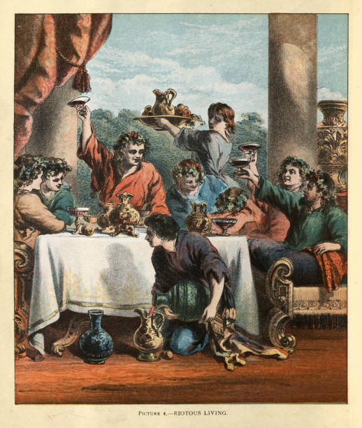 The story of the Prodigal Son, Drinking wine, Riotous living, Victorian religious art, 1880s 19th Century Vintage illustration of a scene from The story of the Prodigal Son, Ready to start, Victorian religious art, 1880s 19th Century riotous stock illustrations