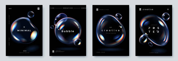 Glowing soap bubbles on black background. Creative poster set with realistic iridescent bubble of different shapes and place for text. A4 size. Vector illustration Glowing soap bubbles on black background. Creative poster set with realistic iridescent bubble of different shapes and place for text. A4 size. Vector illustration rainbow light effect transparent stock illustrations