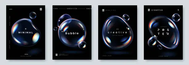 Vector illustration of Glowing soap bubbles on black background. Creative poster set with realistic iridescent bubble of different shapes and place for text. A4 size. Vector illustration