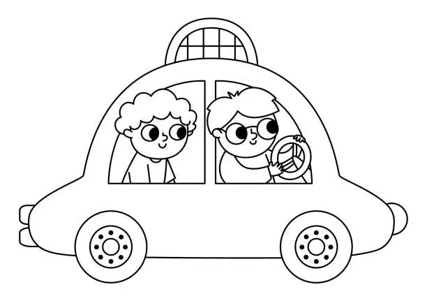 Vector illustration of Vector black and white taxi car with driver and passenger. Funny cab for kids. Cute vehicle line clip art. Retro transport icon or coloring page isolated on white background