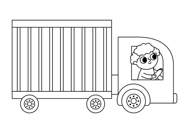 Vector illustration of Vector black and white truck car with driver. Funny line automobile for kids. Cute vehicle clip art. Retro lorry transport icon or coloring page isolated on white background