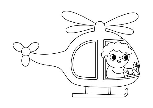 Vector black and white helicopter with pilot icon. Air transport for kids. Funny line transportation clip art for children. Cute chopper vehicle coloring page isolated on white background