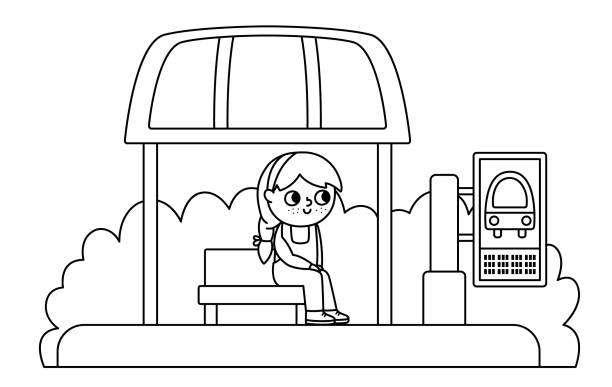 Vector black and white bus stop icon with waiting girl. Cartoon public transport station. City or countryside transportation clipart or coloring page with greenery, bench, roof, timetable Vector black and white bus stop icon with waiting girl. Cartoon public transport station. City or countryside transportation clipart or coloring page with greenery, bench, roof, timetable school bus stop stock illustrations