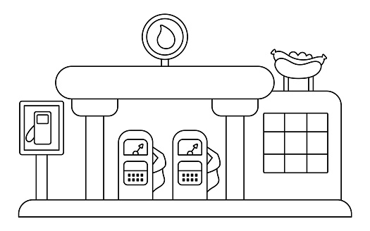 Vector black and white gas station icon. Gasoline or fuel stop with cafe, tanks, and sign. Petrol filling service clipart or coloring page. City transportation place. Funny line public transport