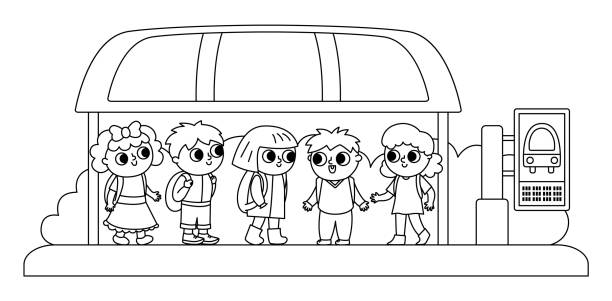 스쿨버스를 기다리는 버스 정류장의 아이들. 흑백 벡터 버스 정류장 아이콘입니다. 만화 대중 교통 역입니다. city or countryside transportation line 클립 아트 또는 아이들과 색칠 공부 페이지 - bus child waiting education stock illustrations