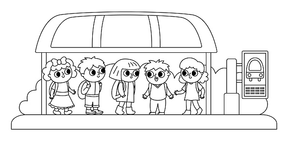 Children on a busstop waiting for the school bus. Black and white vector bus stop icon. Cartoon public transport station. City or countryside transportation line clipart or coloring page with kids