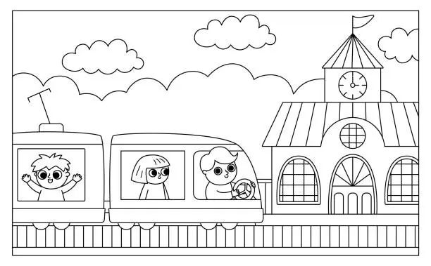 Vector illustration of Vector black and white horizontal scene with man driving train and passengers arriving to railway station. City line transportation illustration or coloring page. Cute kid driving transport