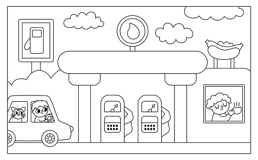 Vector black and white horizontal scene with boy driving a car with cat arriving to gas station with cafe. Transportation line illustration or coloring page. Cute kid steering transport. Road landscape