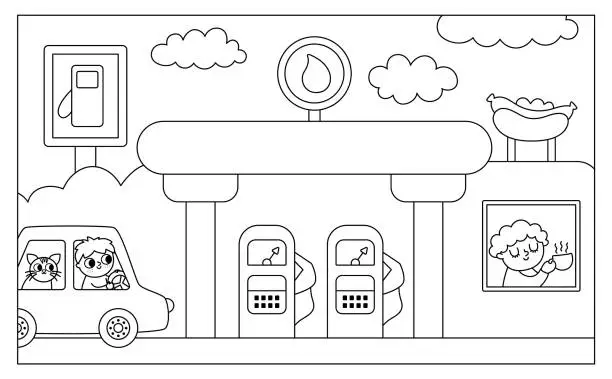 Vector illustration of Vector black and white horizontal scene with boy driving a car with cat arriving to gas station with cafe. Transportation line illustration or coloring page. Cute kid steering transport. Road landscape