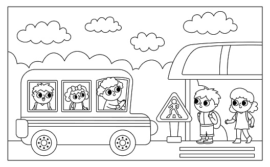 Vector black and white horizontal scene with kids on a stop and arriving school bus with driver, passengers. Transportation line illustration, coloring page. Cute boy, girl waiting for transport