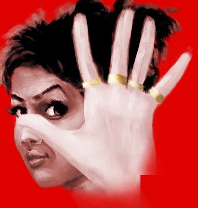 Hand gesture - stop. Illustration of a conflict situation. Female portrait