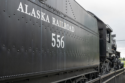 Alaska Railroad S-160 class 0-8-0 Locomotive 556 on display in Delaney Park, Anchorage, Alaska, USA