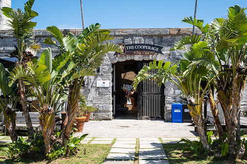 Royal Naval Dockyards, Bermuda - April 22, 2023: Entrance to The Frog and Onion Pub at the Royal Naval Dockyards.