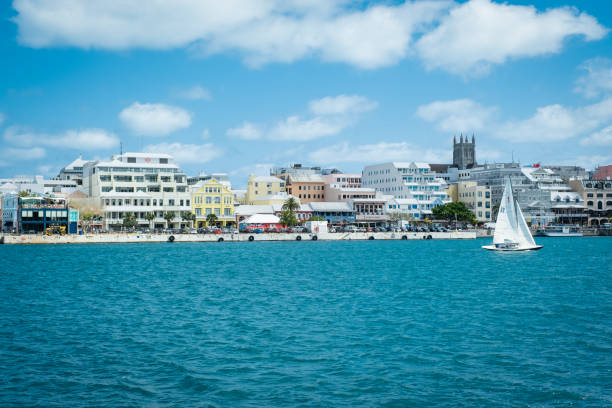 Hamilton, Bermuda - April 22, 2023: Front Street view from the water.