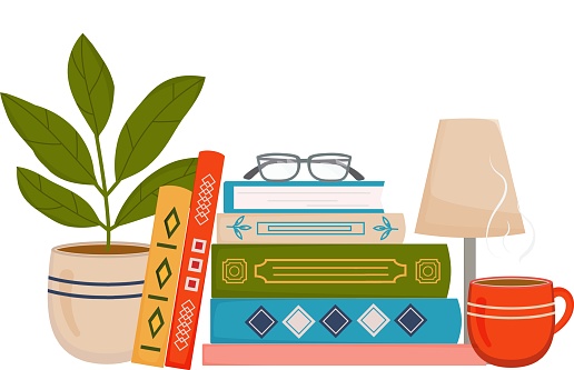Stack of book with table lamp,cup of hot drink, house plant and glasses. Reading cocept. Vector illustration in flat style for store, shops, libraries, book clubs.