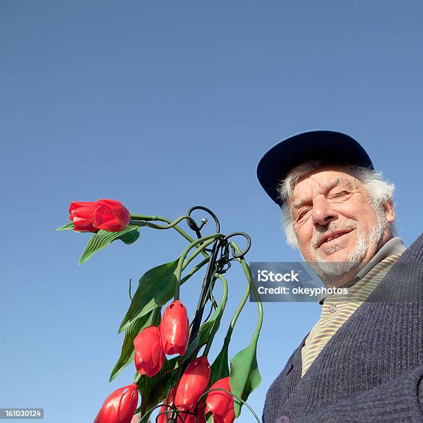 Photo libre de droit de Senior Homme Et De Fleurs banque d'images et plus d'images libres de droit de Hommes seniors - Hommes seniors, Fond bleu, Troisième âge