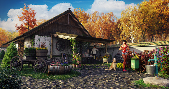Digitally generated serene setting that captures a woman and her loyal dog outside a charming rustic cottage on a peaceful autumn afternoon. The scene is complete with vibrant fall foliage, a weathered wooden wagon, and gardening equipment, suggesting a quiet life amidst natures beauty.

The scene was created in Autodesk® 3ds Max 2024 with V-Ray 6 and rendered with photorealistic shaders and lighting in Chaos® Vantage with some post-production added.