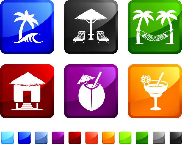 Vector illustration of Beach Tropical Resort royalty free vector icon set stickers