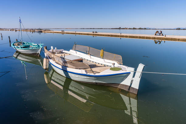 Lefkada, Greece - 1 february 2023 - Deserted fishing boats in the harbour of Lefkada town