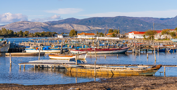 Messolonghi, Greece - 3 february 2023 - Harbour packed with fishing boats ready to sail out in the harbour of town at Tourlida
