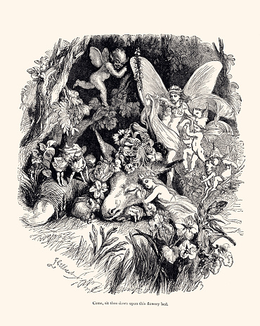 Midsummer night's dream. Vintage engraving circa late 19th century, engraved by Sir John Gilbert, and edited by Howard Staunton (1882) to illustrate William Shakespeare's play. Digital restoration by pictore.