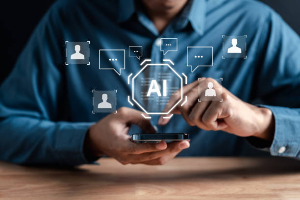 istock Businessman using ai technology. chat bot with AI Artificial Intelligence generate. Futuristic technology, robot in online system. Business in future to invest and develop corporate concept 1610417858