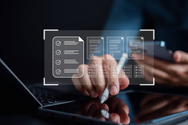 istock Online survey and digital form checklist by laptop computer, Document Management Checking System, online documentation database and process manage files. 1610418386