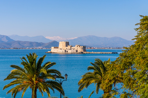 Ancient Defense island in front of the shore of the town of Nafplion on the Peninsula of Greece