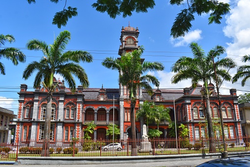 Port of Spain, Trinidad and Tobago- July 8, 2023- Queen's Royal College or QRC- a high school or college for male students. It is one of the magnificent seven buildings opposite the Queen's Park Savannah.