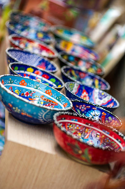 istock Small colorful pottery bowls in a row 161042656