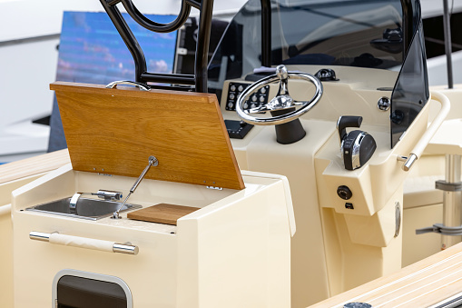 Sink and dashboard on luxury motorboat, background with copy space, full frame horizontal composition