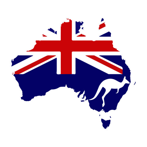 호주 지도와 캥거루 벡터 그림이 있는 깃발 - newcastle stock illustrations