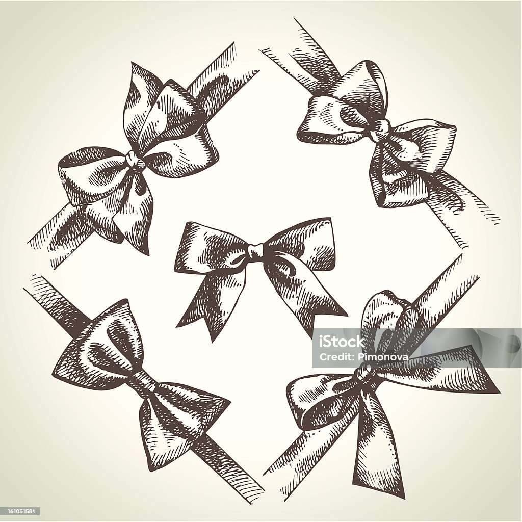 Set of 5 line drawn bows in square arrangement on white Set of bow. Hand drawn illustrations of ribbons Anniversary stock vector