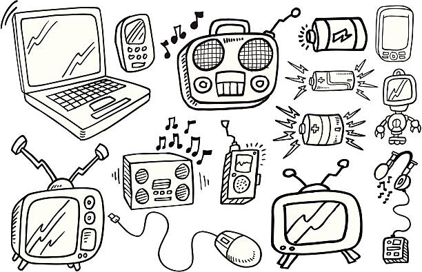 Black-and-white doodles of technology items vector art illustration