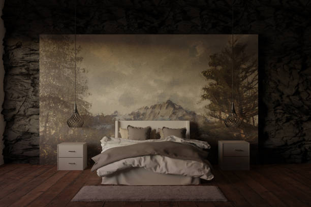 3D rendering of spacious bedroom with wall painting and cozy box-spring bed