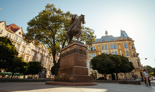 Low angle view of King Danylo Monument at Halytska Square. Bronze statue of founder of Lviv, medieval King Danylo on horseback.