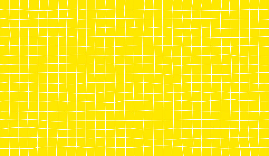Distorted Background with White Cage on Yellow. Abstract Psychedelic Pattern with Wavy Doodle Stripes. Vector Groovy Y2K Checker Texture.