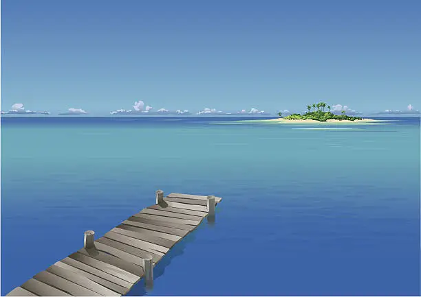 Vector illustration of Pier in tropical sea and island