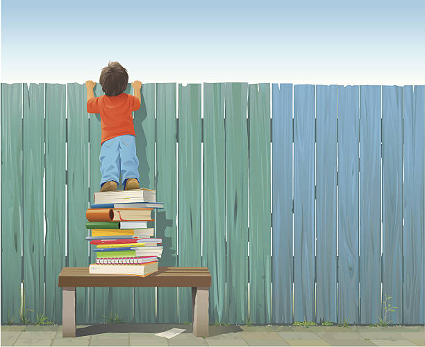 Schoolboy on pile of books looking over fence Schoolboy standing on a pile of books on a bench stretching himself to see what is on the other side of the fence. Included: AI8-EPS, AI8, PDF, JPG (A3+, 300 dpi) and transparent PNG (without sky) Every plank is grouped and individually drawn. The fence and the sidewalk are rendered completely for easy editing. All elements are grouped and on separate layers (Child, Books, Fence, Bench, Ground, Grass). curious stock illustrations