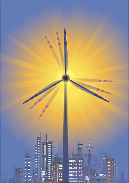 Vector illustration of Wind Turbine, Sun and City Skyline in Twilight